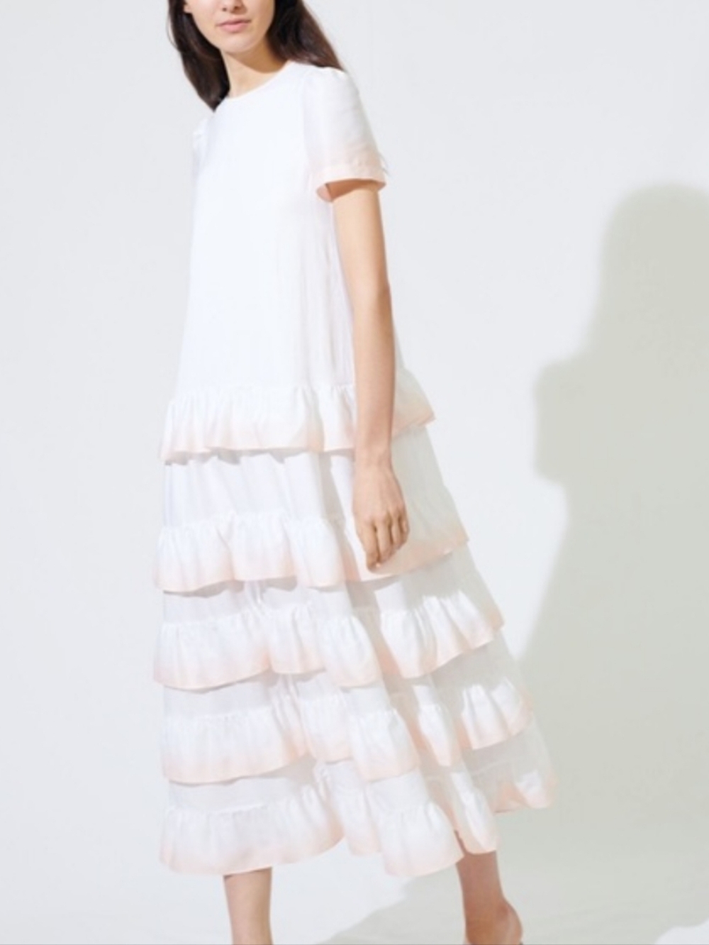 Maje NWT Relaxy Tiered Ruffle Midi Maxi Dress White & Ombre Pink Trim